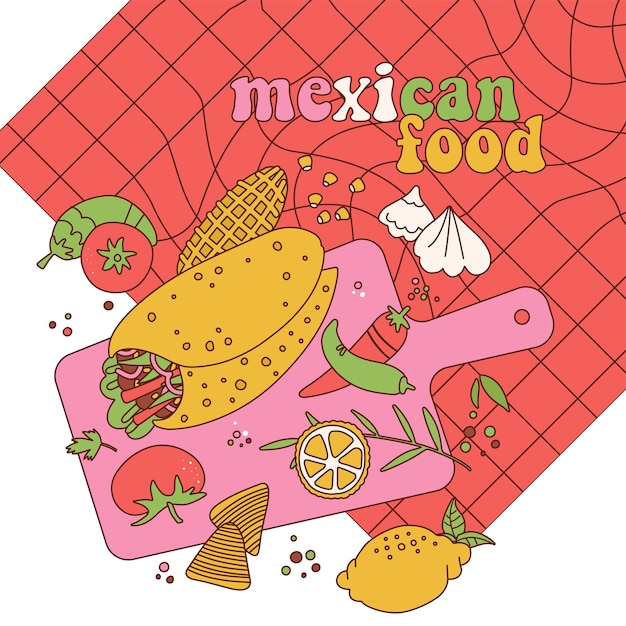 Vecteur cuisine mexicaine sur fond de nappe à carreaux vue du processus de cuisson depuis le haut illustration vectorielle de dessin animé rétro pour les bannières, les dépliants et les invitations les objets sont isolés