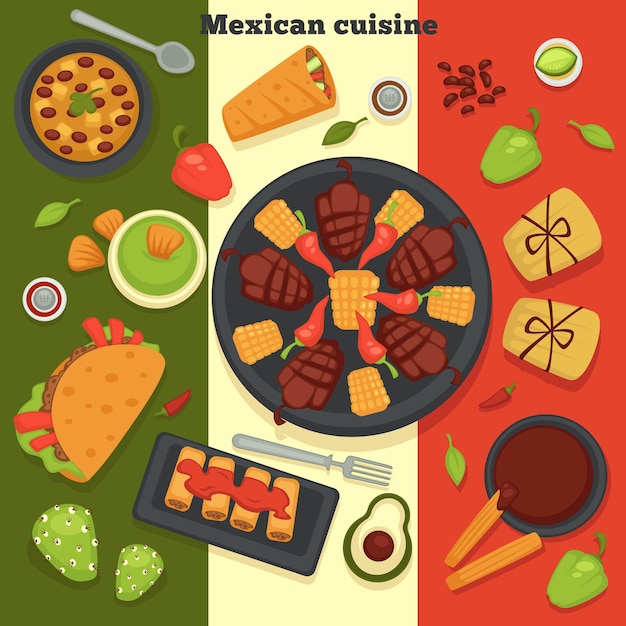 Vecteur cuisine mexicaine tacos et viande rôtie au piment et au poivron vecteur aliments frais avec différents ingrédients frais avocat et herbes burrito nacho plat et couverts repas servis du mexique