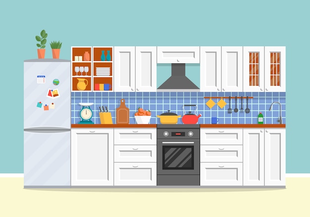 Cuisine moderne avec mobilier. Intérieur de cuisine confortable avec cuisinière, placard, vaisselle et réfrigérateur.