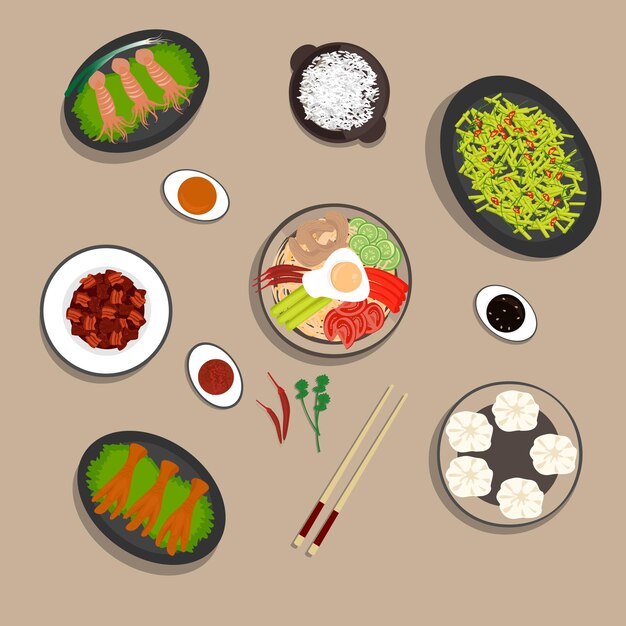 Cuisine Nationale Chinoise Soupe De Haricots Frits Avec De La Viande De Nouilles Dans Une Sauce Aigre-douce Cuisses De Poulet Riz Melmeni Illustration Vectorielle