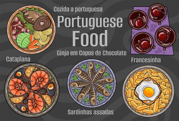 Vecteur cuisine portugaise un ensemble de plats classiques cartoon illustration dessinée à la main