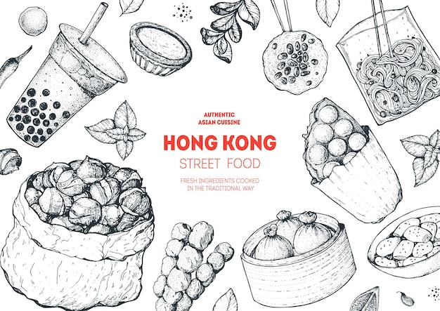 Cuisine de rue de hong kong modèle de conception de menu de cuisine chinoise croquis illustration vectorielle nourriture de rue