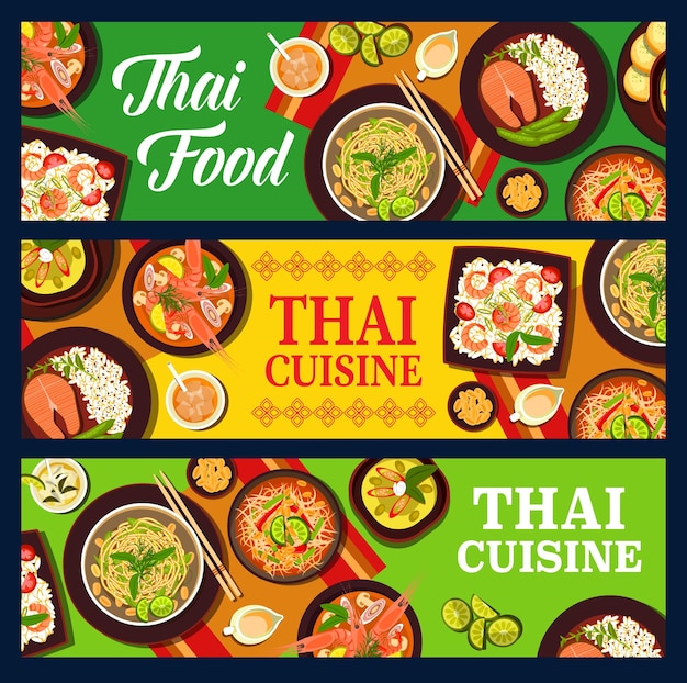 Vecteur cuisine thaïlandaise bannières de plats asiatiques de thaïlande