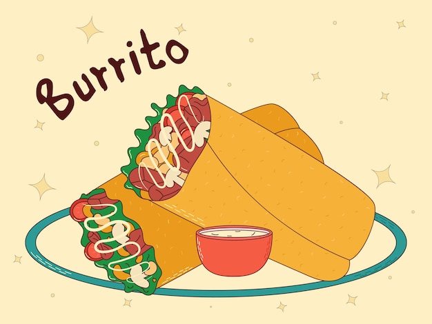 Cuisine Traditionnelle Mexicaine Burrito Illustration Vectorielle Dans Un Style Dessiné à La Main