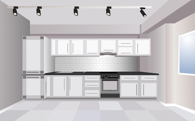 Cuisine tridimensionnelle de couleur blanche moderne avec réfrigérateur, cuisinière et grand espace
