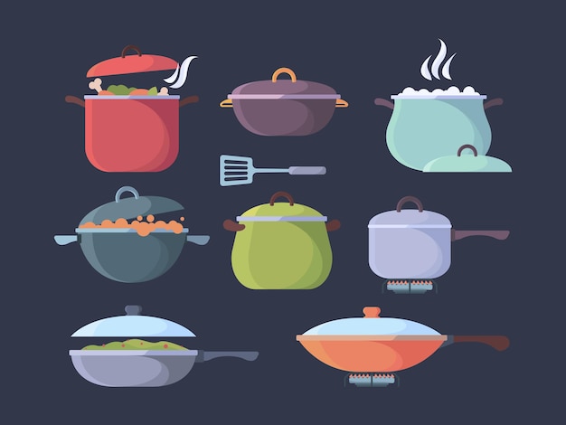 Vecteur cuisinière à gaz bouillant les aliments. préparation de différents produits de cuisson des casseroles et des casseroles vecteur de visualisation de vapeur et d'odeur. casserole d'illustration faisant cuire la soupe sur la cuisinière, la préparation utilise des ustensiles de cuisine