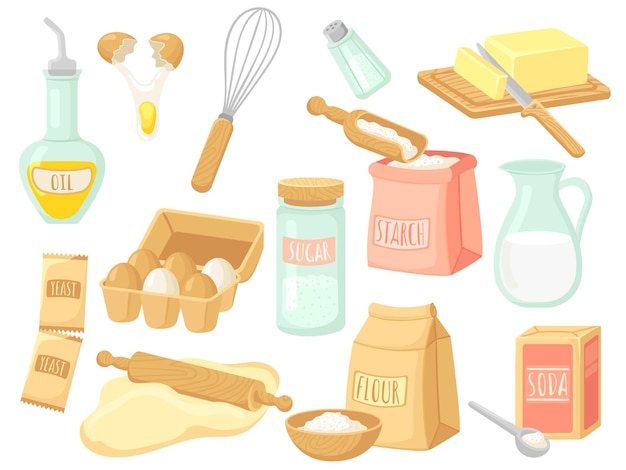 Cuisson des aliments de dessin animé Ingrédients et outils de cuisson au lait et au sel Œuf frais et sucre en poudre pour la pâtisserie Équipement de cuisine isolé huile et beurre ensemble vectoriel soigné