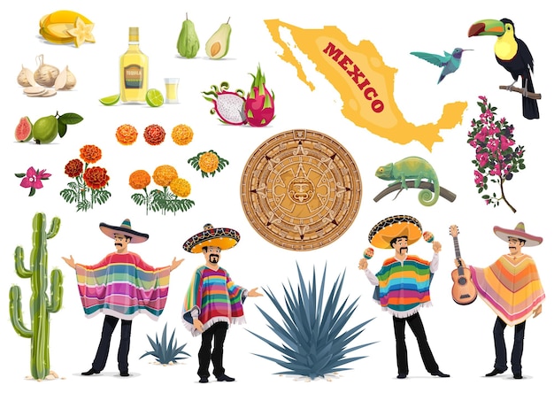 Vecteur culture culinaire mexicaine et ensemble de symboles de voyage