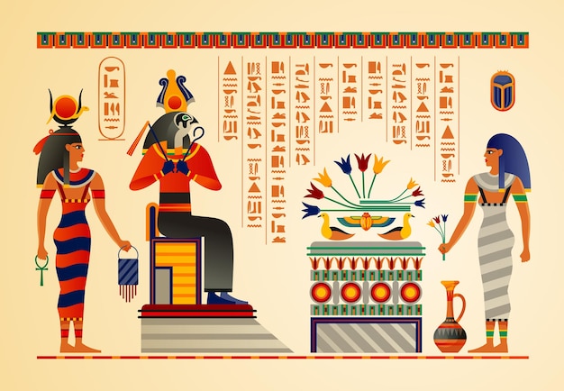 Culture égyptienne Mythologie Rituels Dieux Anciens Scènes Symboles Hiéroglyphes Temples Vases Tombes Papyrus Illustration De Fragment De Défilement