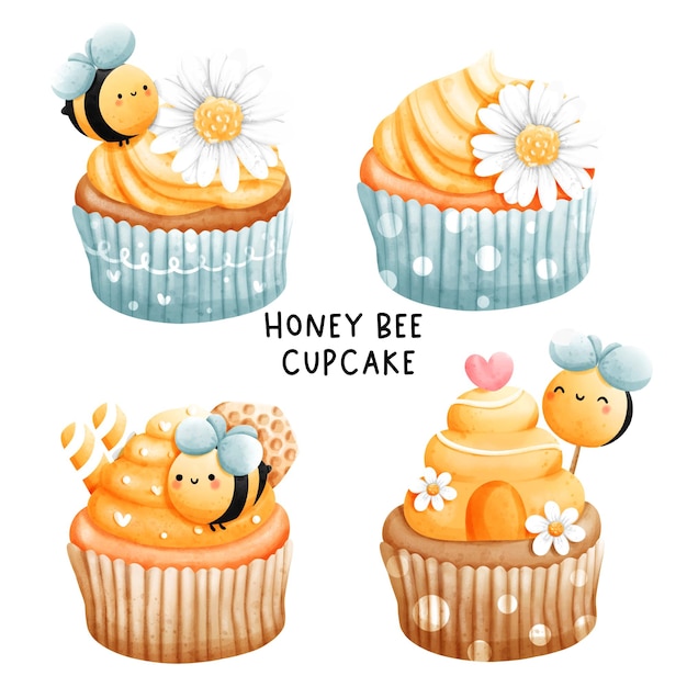 Cupcake Abeille Gâteau D'abeille Miel Anniversaire Illustration Vectorielle