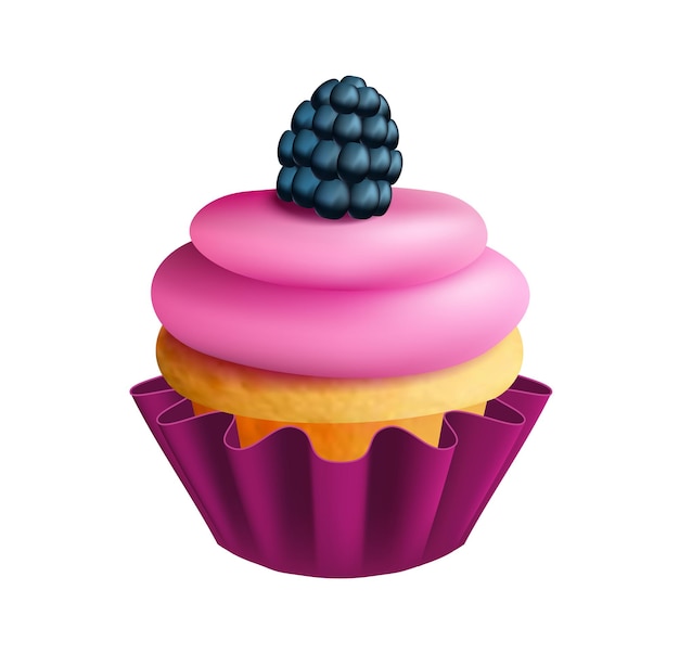 Cupcake aux fruits réaliste. Élément de boulangerie isolé, biscuit à la crème et aux baies. Dessert sucré, nourriture vectorielle pour le petit-déjeuner. Illustration biscuit boulangerie savoureuse, pâtisserie sucrée