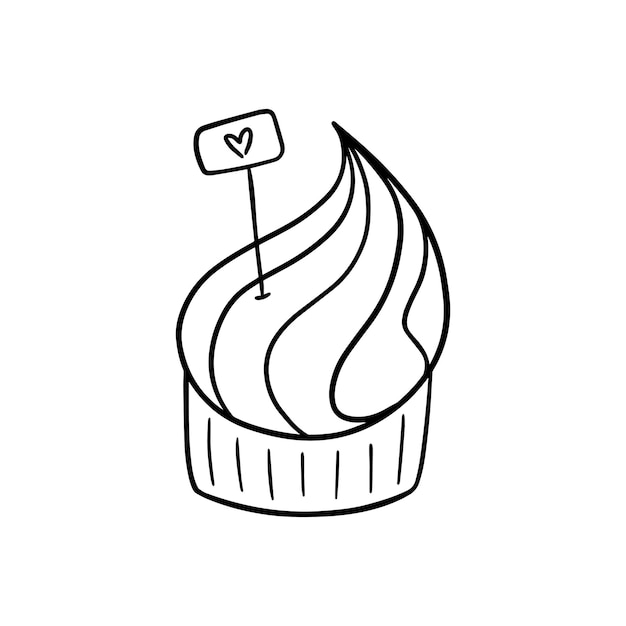 Cupcake Avec Crème Fouettée Dessert Aliments Sucrés Avec Signe De Coeur Doodle Coloriage De Dessin Animé Linéaire