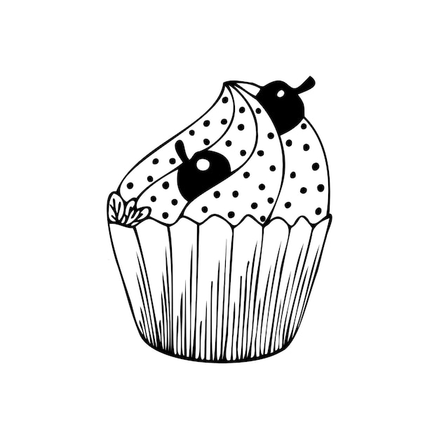 Cupcake dessiné à la main avec une cerise et de la menthe