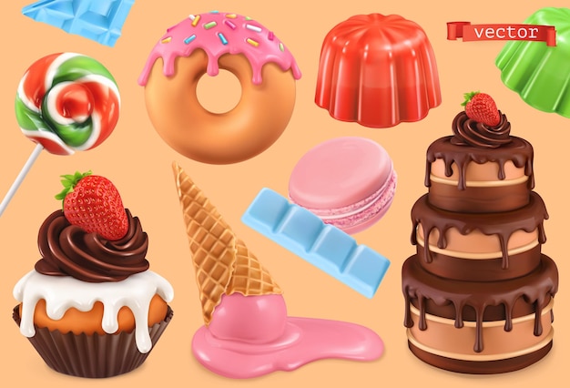 Cupcake, gâteau, beignets, gelée, crème glacée, bonbons ensemble 3d