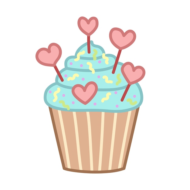 Cupcake Avec Glaçage Bleu Et Coeurs Illustration Vectorielle De Style Dessin Animé Isolée Sur Fond Blanc