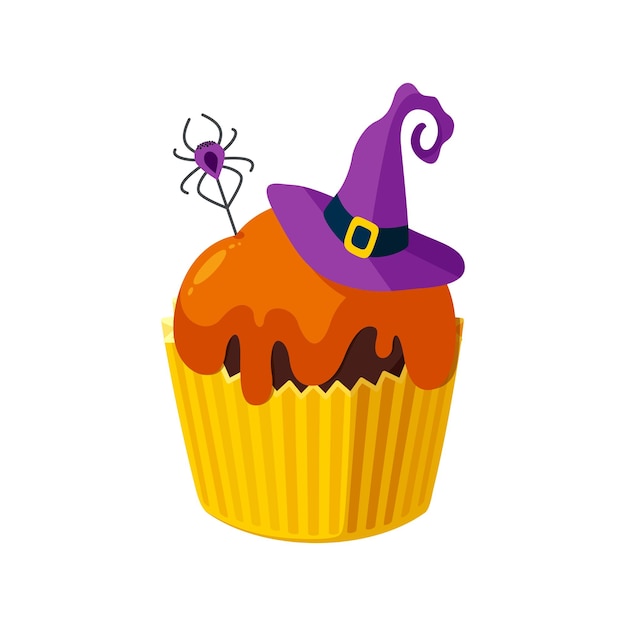 Cupcake D'halloween Avec Araignée Et Chapeau De Sorcière Dessert Pour La Fête D'halloween Effrayante Illustration Vectorielle
