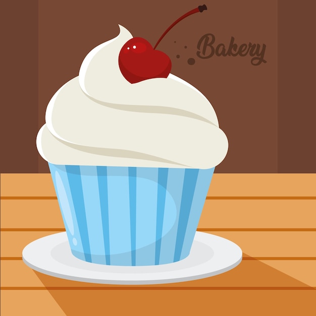 Cupcake Isolé Avec Produit De Boulangerie Cerise Sur Une Table Illustration Vectorielle