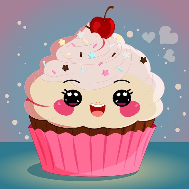 Cupcake mignon de dessin animé Kawaii avec cerise sur le dessus