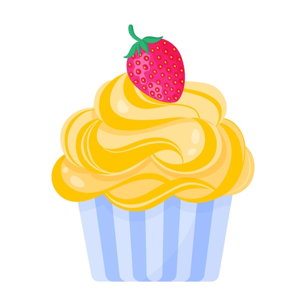 Cupcake Ou Muffin Avec Crème Jaune Et Fraise.