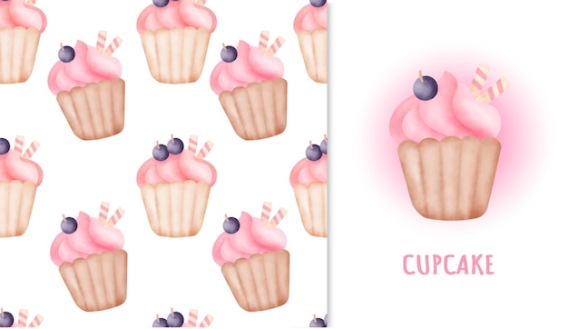 Cupcake Sucré Modèle Sans Couture Et Carte De Voeux à L'aquarelle