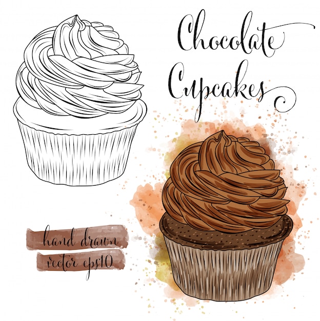 Cupcakes Aquarelle Dessinés à La Main Belle Avec Du Chocolat