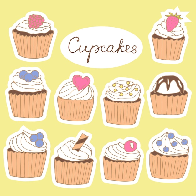 Cupcakes autocollants set vector illustration dessin à la main doodles