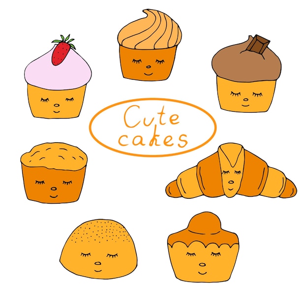 Cupcakes Et Brioches Aux Visages, Illustration Vectorielle, Couleur Dessinée à La Main