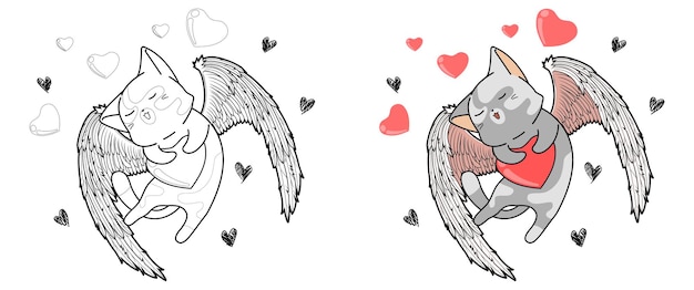 Cupidon Chat étreint Le Coeur Dans La Page De Coloriage De Dessin Animé De Saint Valentin Pour Les Enfants