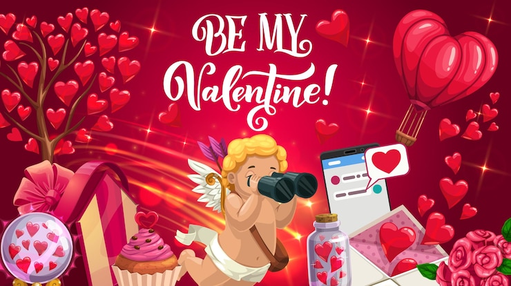 Vecteur cupidon avec jumelles saint valentin coeurs cadeau