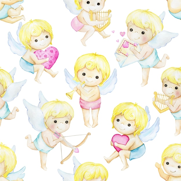 Cupidons Mignons En Style Cartoon Modèle Sans Couture Aquarelle Sur Un Fond Isolé