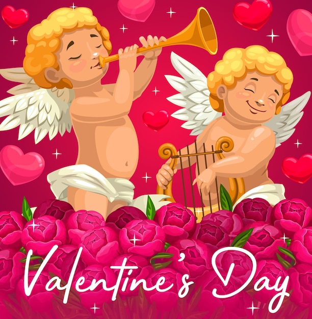 Vecteur cupids saint valentin avec carte de coeurs et fleurs de conception de cadeau de vacances d'amour