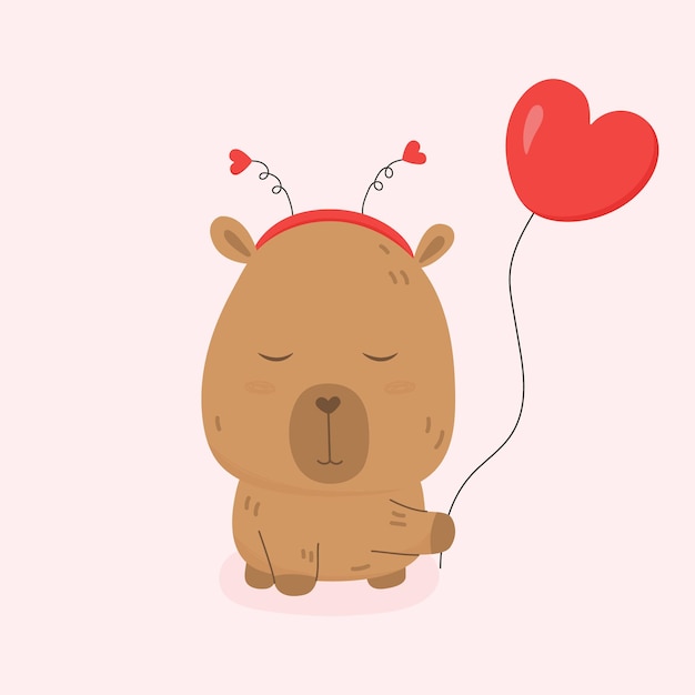 Vecteur cute animal capybara avec un ballon d'hélium en forme de cœur rose illustration vectorielle personnage drôle.