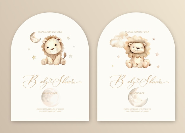 Cute baby shower aquarelle carte d'invitation célébration avec jouet de lion en peluche et la lune et les étoiles