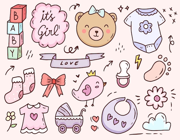 Cute Baby Shower Girl Cartoon Doodle Icon Collection Set Dessin