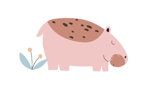Vecteur cute bébé hippopotame. hippopotame tropical africain scandinave drôle. animal de safari kawaii adorable dans le style scandi nordic. illustration vectorielle plate de pépinière enfantine isolée sur fond blanc.