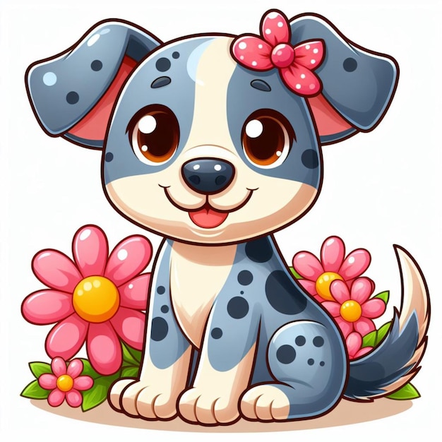 Vecteur cute blue heeler dog et les fleurs illustration de dessin animé vectorielle