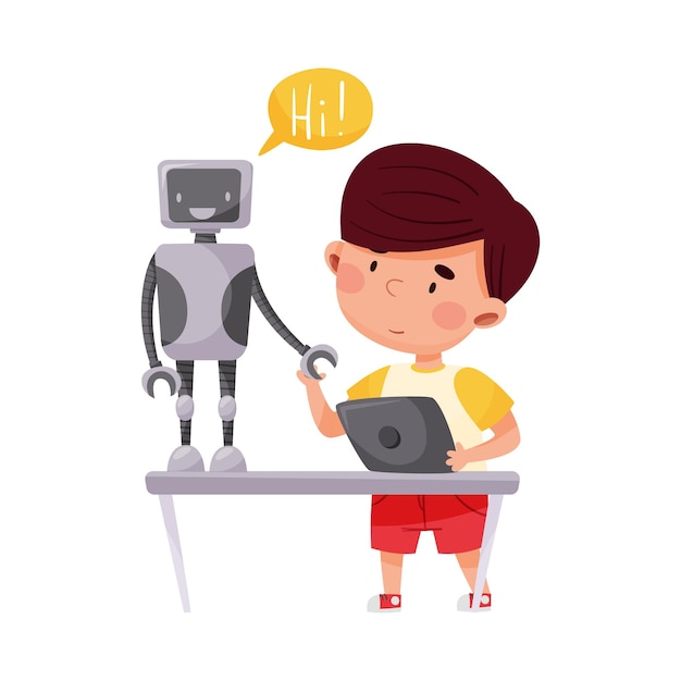 Cute Boy debout avec une tablette et la configuration de l'illustration vectorielle du robot