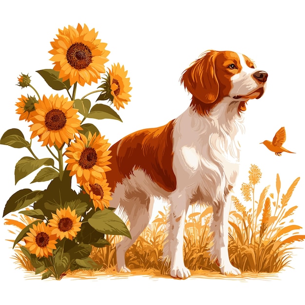 Vecteur cute brittany spaniel chien amp fleurs dessin animé vector style fond blanc