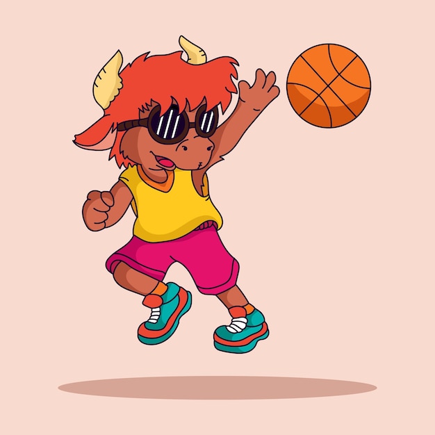 Vecteur cute buffalo joue au basket-ball illustration vectorielle pour le textile de tissu et l'impression