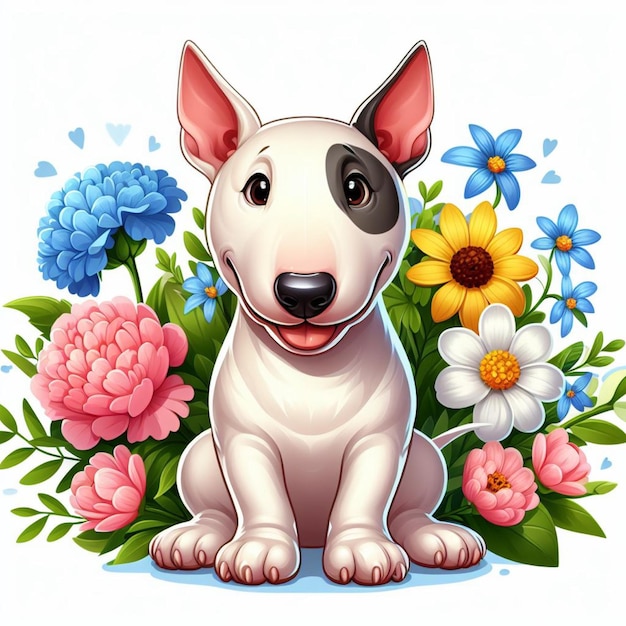 Vecteur cute bull terrier chien et fleurs illustration de dessin animé vectoriel