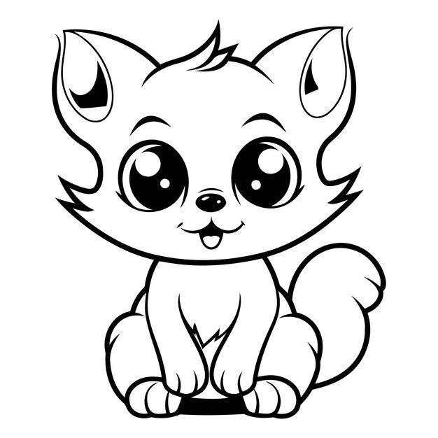 Vecteur cute cartoon fox illustration vectorielle en noir et blanc isolée sur fond blanc