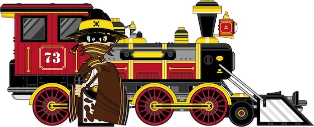 Cute Cartoon Wild West Cowboy Gunslinger en poncho avec train à vapeur de style occidental