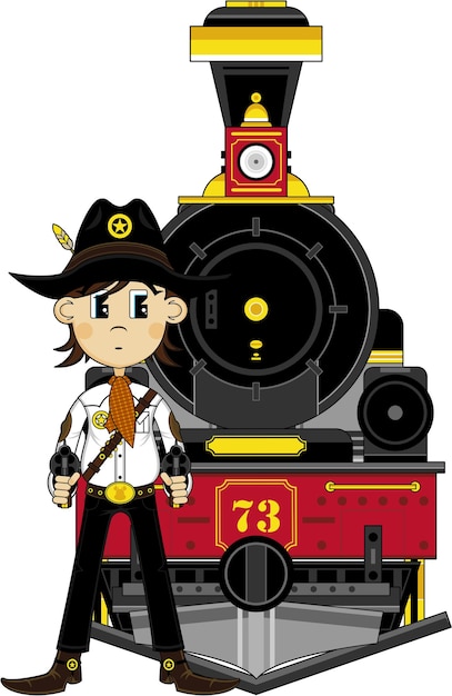 Cute Cartoon Wild West Cowboy Sheriff Avec Train à Vapeur De Style Occidental