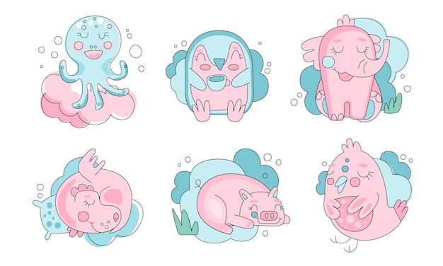 Cute collection d'animaux et d'oiseaux endormis jolie illustration vectorielle du poulpe, de l'éléphant, du dragon et du cochon