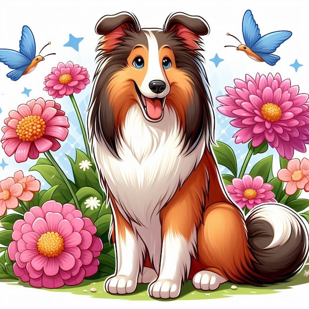 Cute Collie Dog Dessin Animé Vector Style Fond Blanc