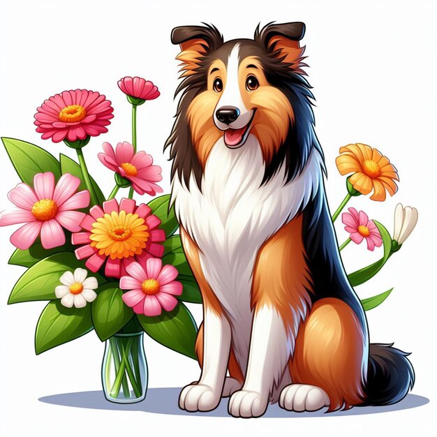 Cute Collie Dog Dessin Animé Vector Style Fond Blanc