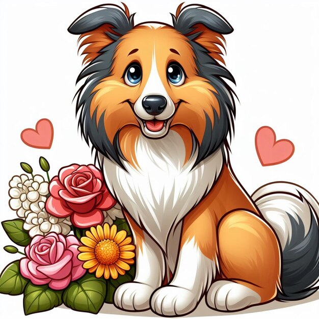 Cute Collie Dog Dessin Animé Vector Style Fond Blanc