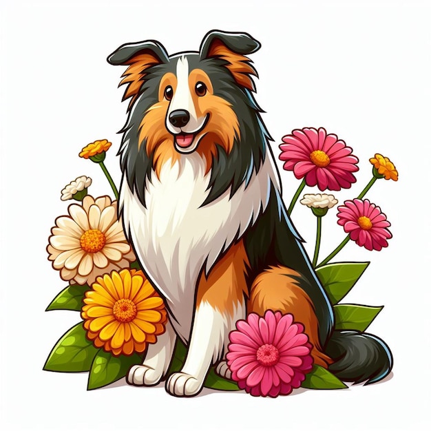 Cute Collie Dog Dessin Animé Vector Style Fond Blanc