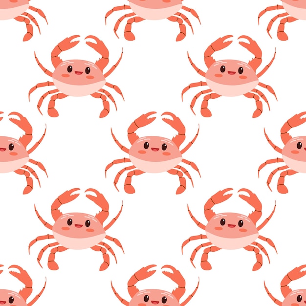 Vecteur cute crabe marin coloré dessiné à la main modèle sans couture dans le style plat océanique aquatique sous-marin kawaii