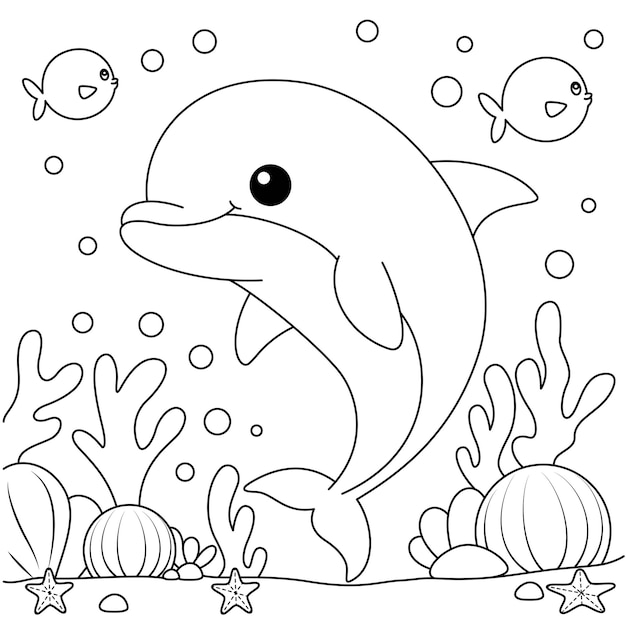 Cute Dauphin Avec Arrière-plan Page De Coloriage